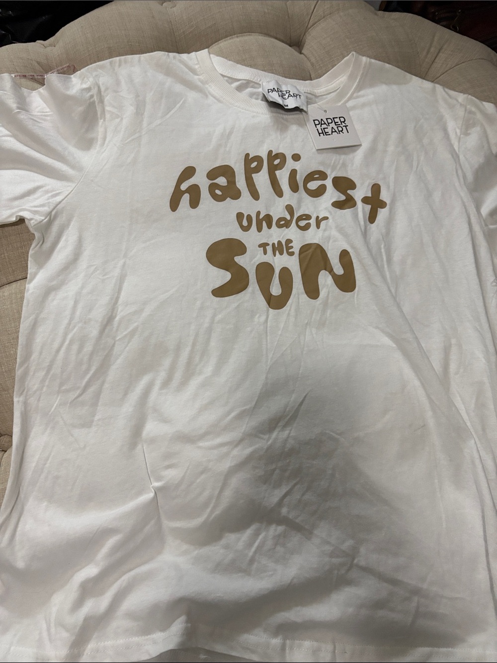 Paper Heart White Short Sleeve Tee with Gold 'Happiest Under The Sun' Graphic